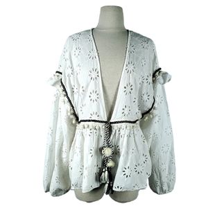 ZARA eyelet boho pom puff sleeve coverup | L